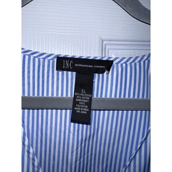 I.N.C. Blue Thin Stripes Embroidered Sleeves Belted Side Zipper Blouse Sz XL - Picture 8 of 14